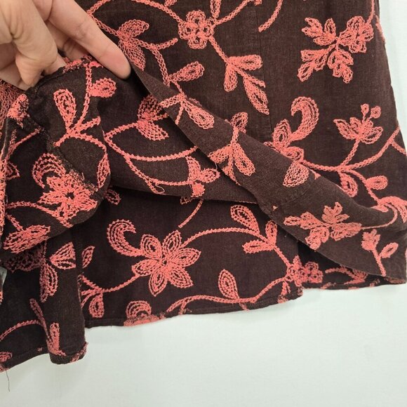 Vintage 90s Y2K Cherokee Brown Salmon Pink Floral Embroidered Gauzy Circle Skirt - Picture 7 of 8